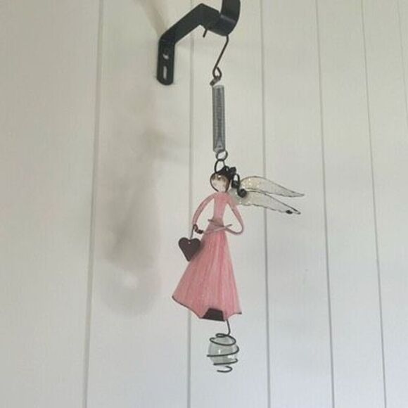 Metal Hanging Angel Figure Pink Dress Wings Heart Friendship Gift 10.5" Long - Picture 1 of 6